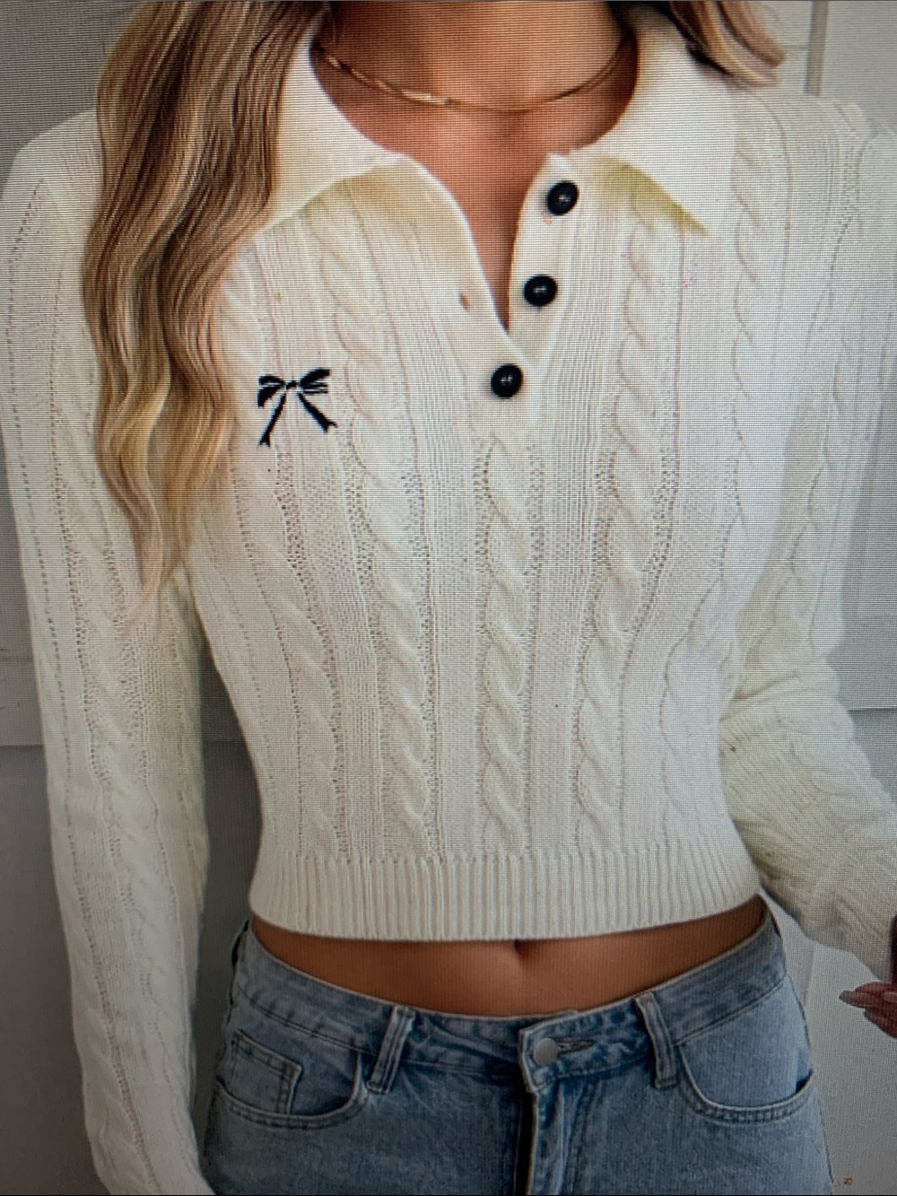 Women's Cream Cable Knit Polo Sweater - Picture 3 of 5